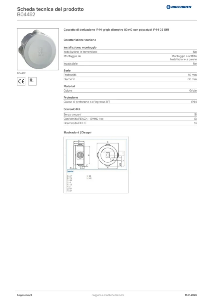 Immagine Bocchiotti Scheda tecnica del prodotto B04462 | Hager Italia