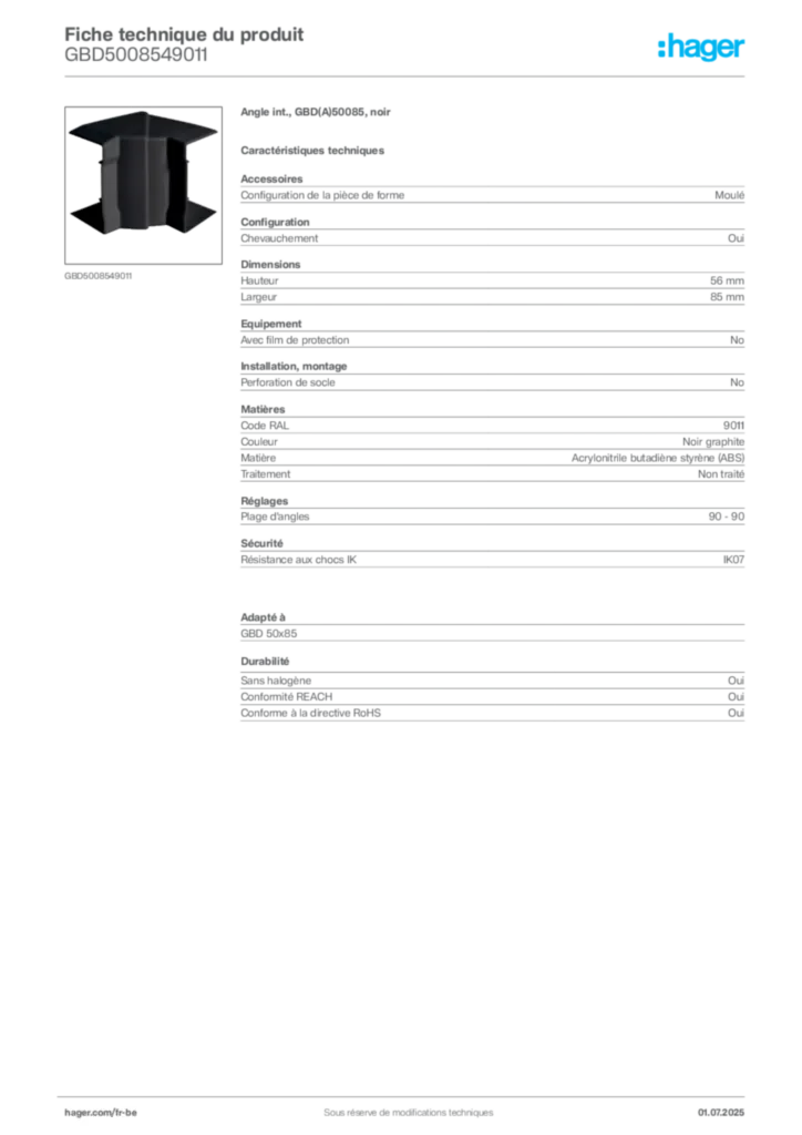 Image Hager Fiche technique du produit GBD5008549011 | Hager Belgique