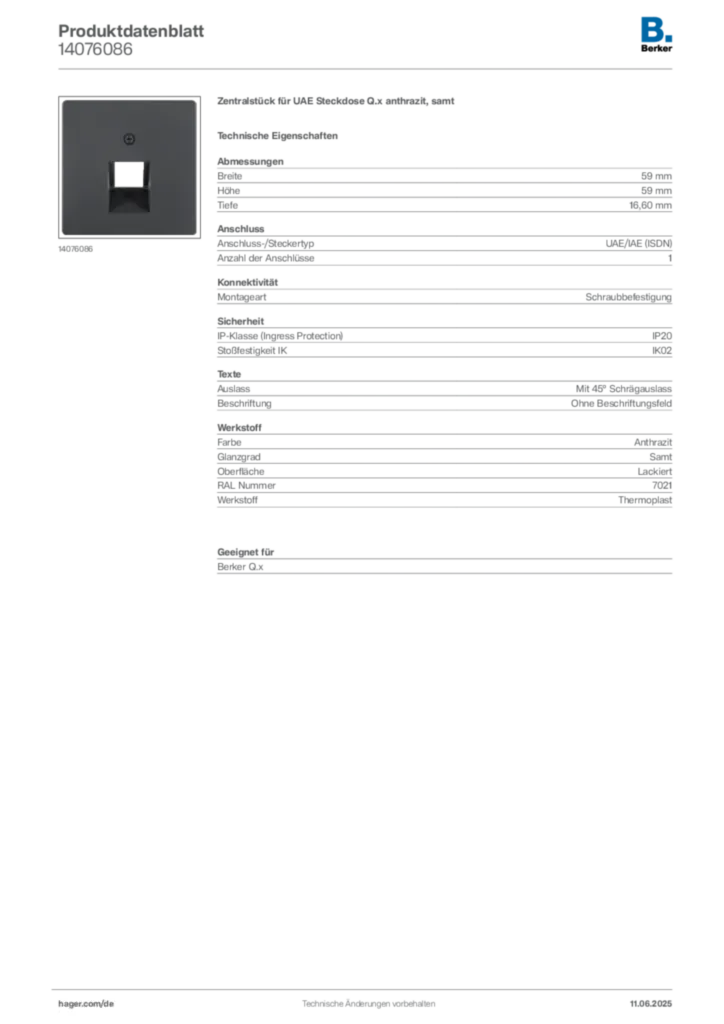 Bild Berker Produktdatenblatt 14076086 | Hager Deutschland