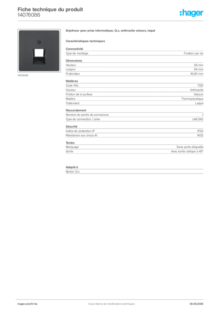 Image Hager Fiche technique du produit 14076086 | Hager Belgique