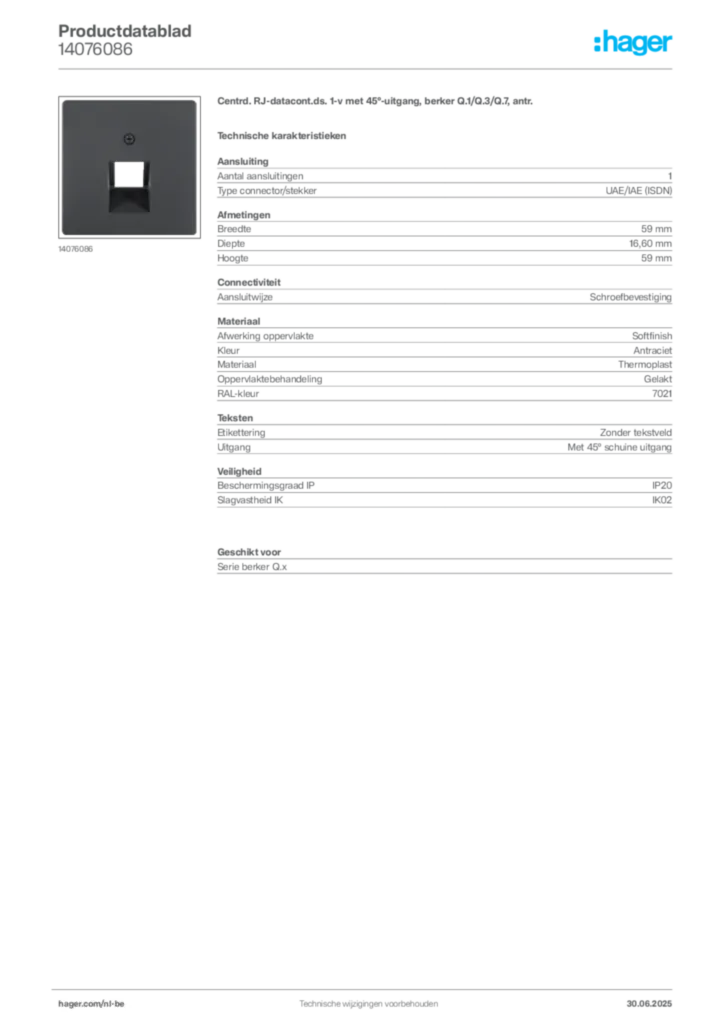 Afbeelding Hager Productdatablad 14076086 | Hager Belgium