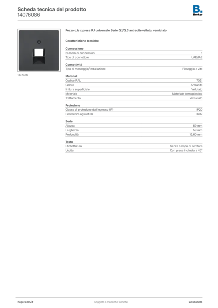 Immagine Berker Scheda tecnica del prodotto 14076086 | Hager Italia