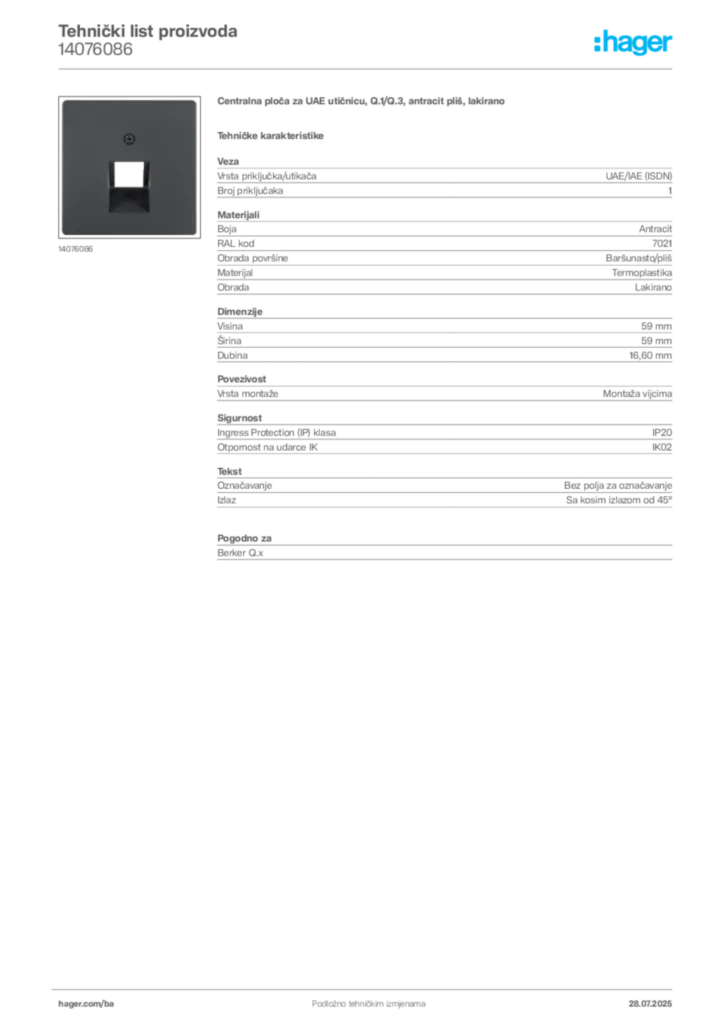 Slika Hager Product data sheet 14076086  | Hager