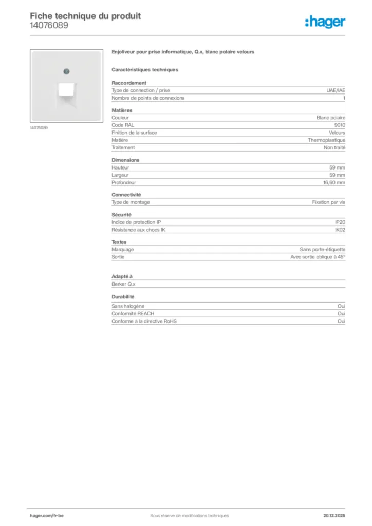 Image Hager Fiche technique du produit 14076089 | Hager Belgique