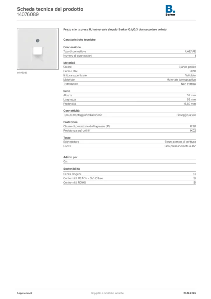 Immagine Berker Scheda tecnica del prodotto 14076089 | Hager Italia