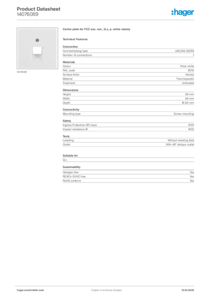 Image Hager Product data sheet 14076089  | Hager