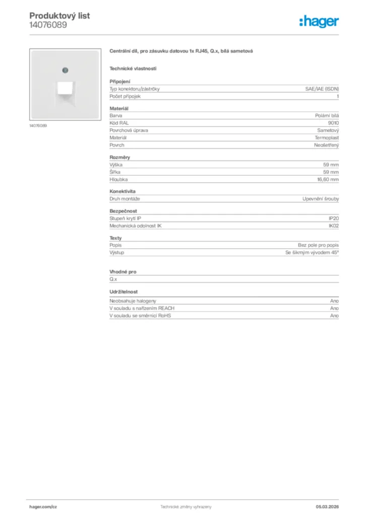 Obrázek Hager Product data sheet 14076089 | Hager
