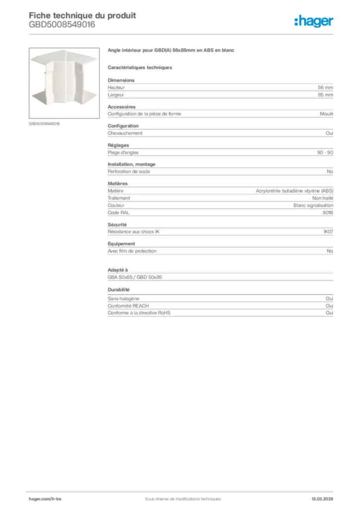 Image Hager Fiche technique du produit GBD5008549016 | Hager Belgique