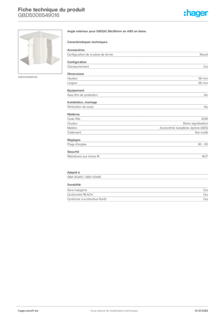 Image Hager Fiche technique du produit GBD5008549016 | Hager Belgique