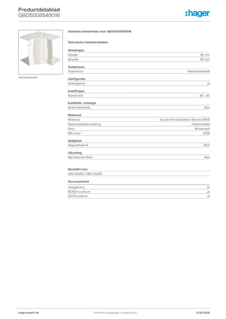 Afbeelding Hager Productdatablad GBD5008549016 | Hager Belgium