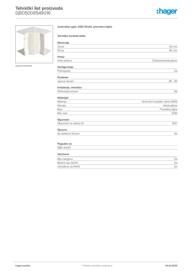 Slika Hager Tehnički list proizvoda GBD5008549016  | Hager