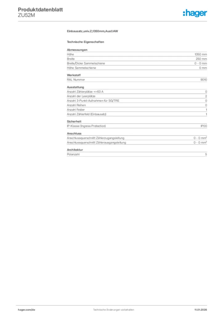 Bild Hager Produktdatenblatt ZU52M | Hager Deutschland