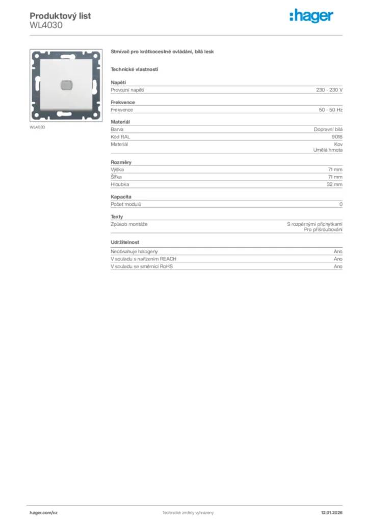 Obrázek Hager Product data sheet WL4030 | Hager