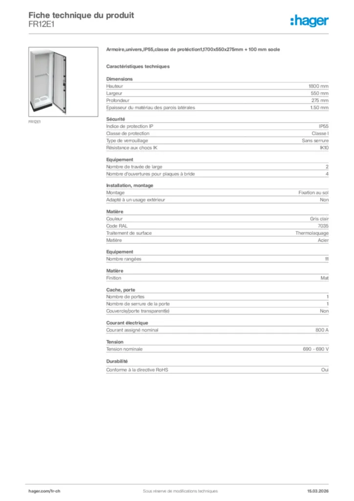 Image Hager Fiche technique du produit FR12E1 | Hager Suisse