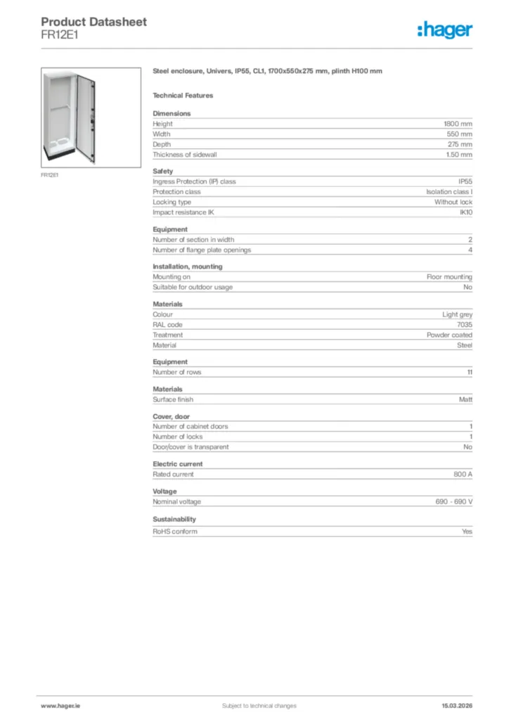 Image Hager Product data sheet FR12E1  | Hager