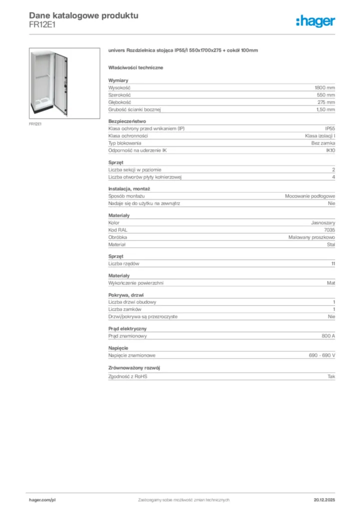 Zdjęcie Hager Dane katalogowe produktu FR12E1 | Hager Polska