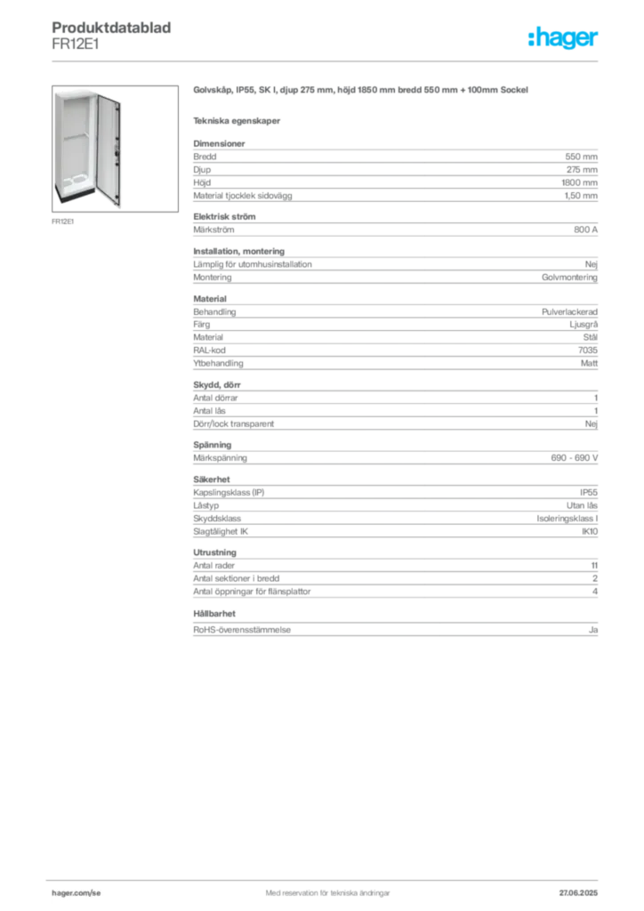 Bild Hager Produktdatablad FR12E1 | Hager Sverige