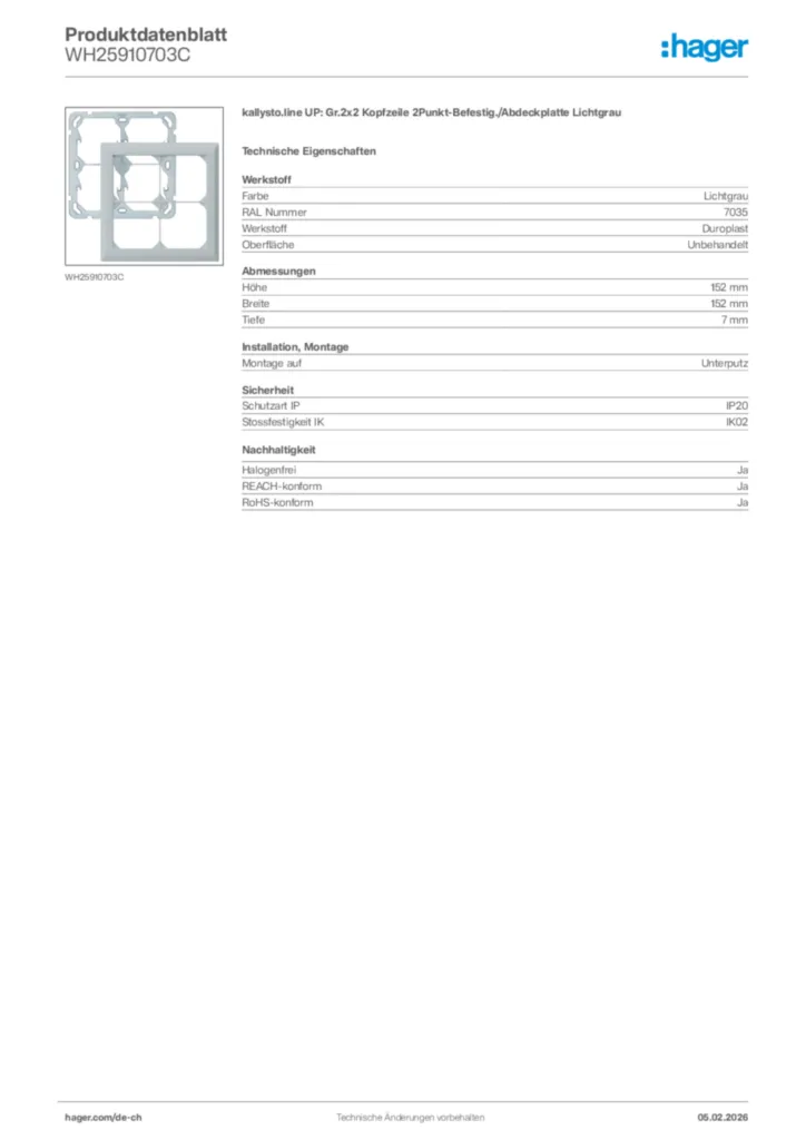 Bild Hager Produktdatenblatt WH25910703C | Hager Schweiz