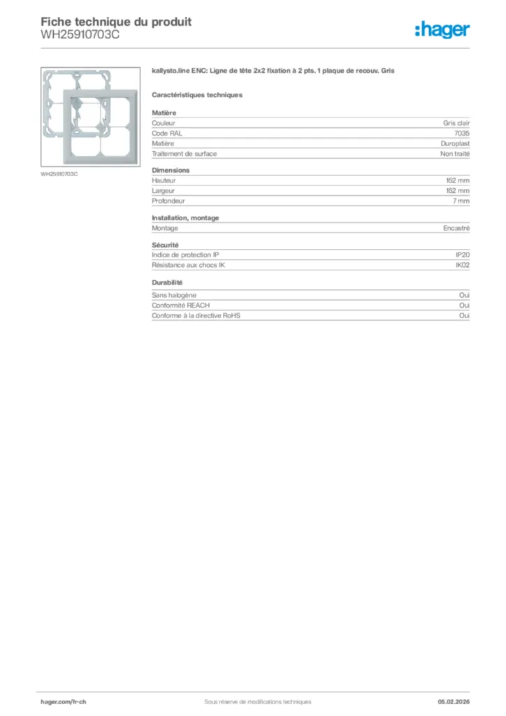 Image Hager Fiche technique du produit WH25910703C | Hager Suisse