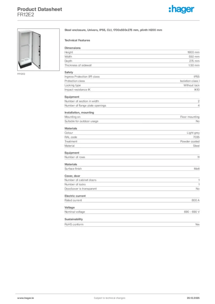 Image Hager Product data sheet FR12E2  | Hager