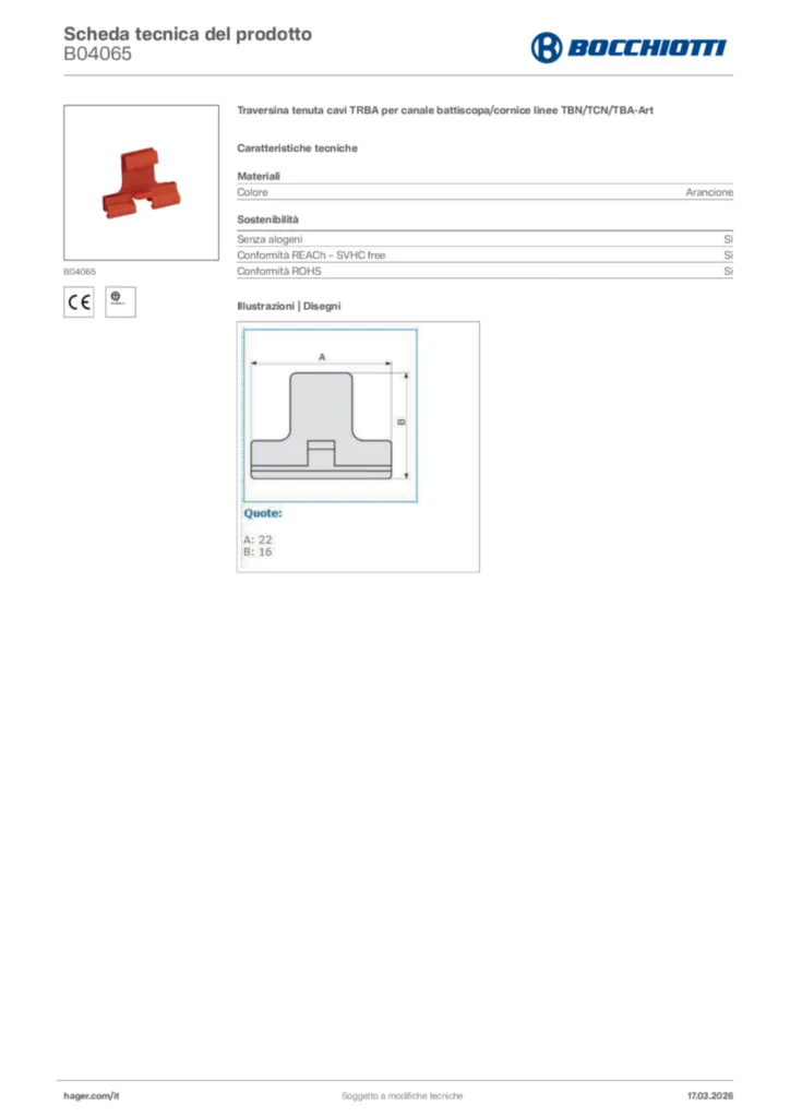 Immagine Bocchiotti Scheda tecnica del prodotto B04065 | Hager Italia