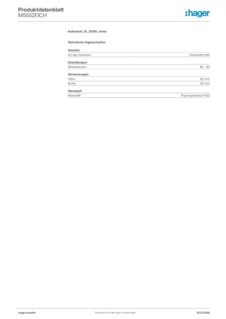 Bild Hager Produktdatenblatt M5552EICH | Hager Deutschland