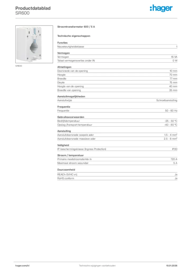 Afbeelding Hager Productdatablad SR600 | Hager Nederland