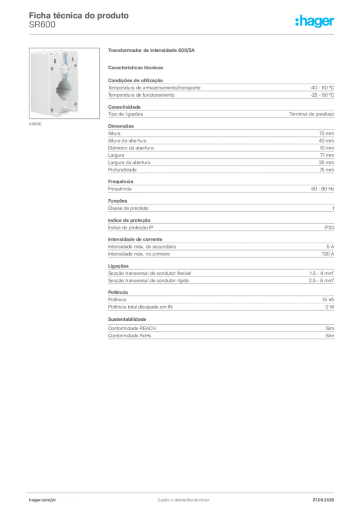 Imagem Hager Ficha técnica do produto SR600 | Hager Portugal