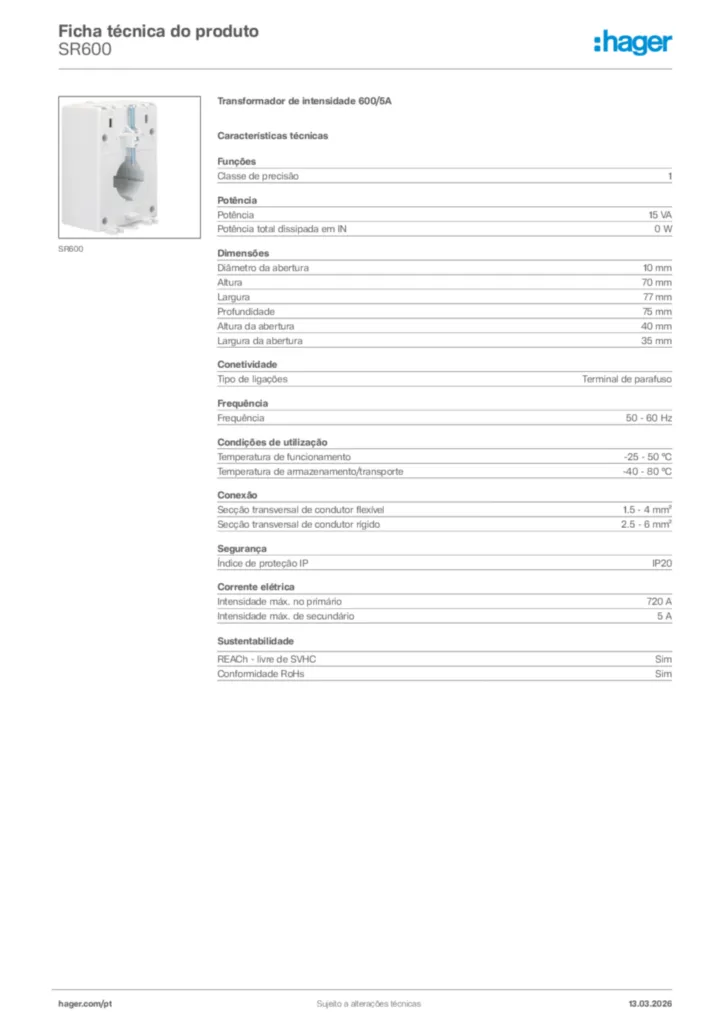 Imagem Hager Ficha técnica do produto SR600 | Hager Portugal