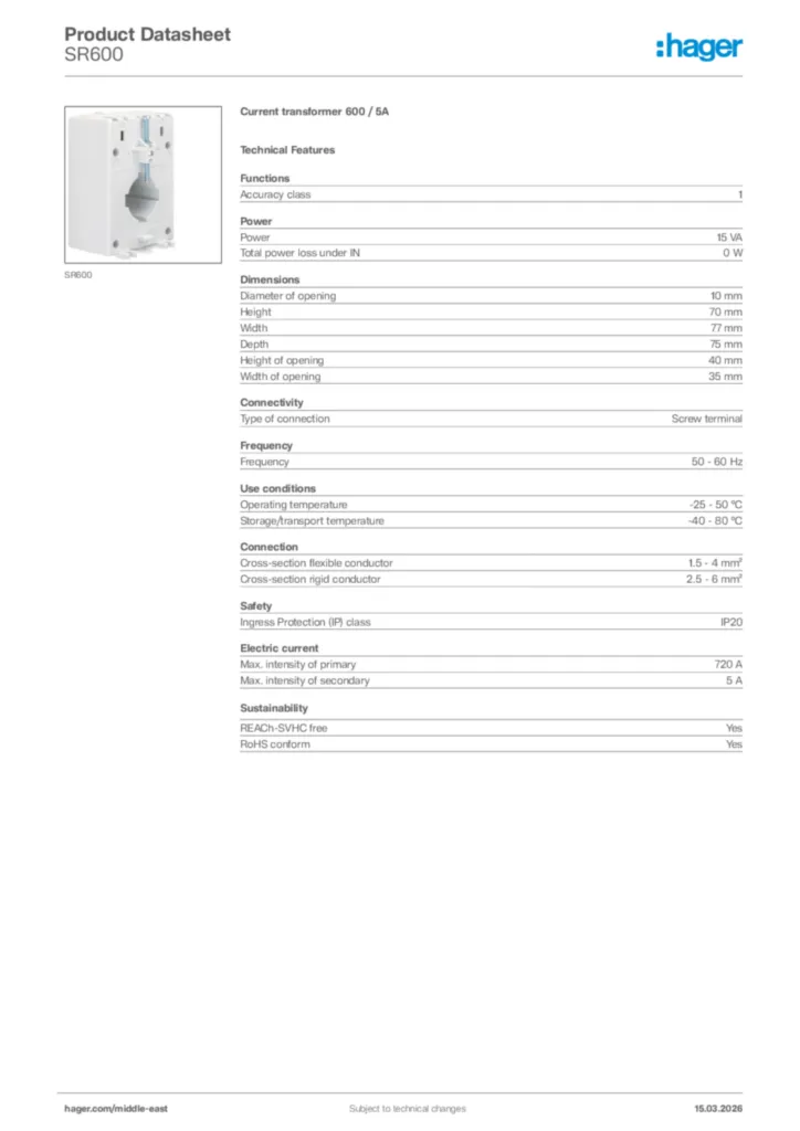 Image Hager Product data sheet SR600  | Hager