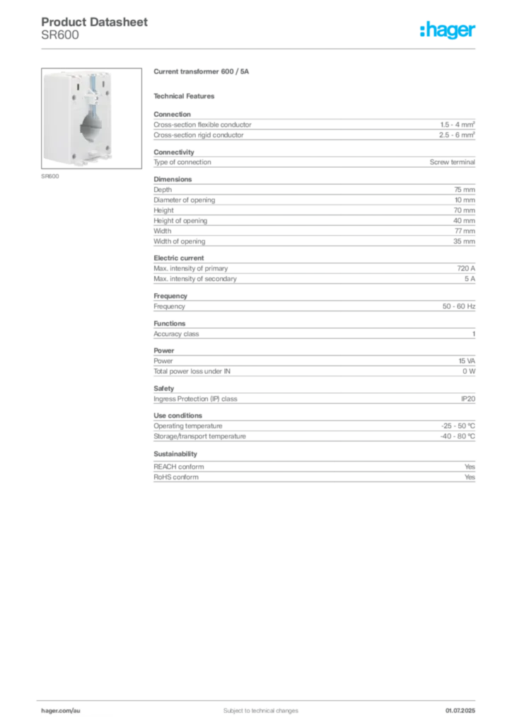 Image Hager Product data sheet SR600  | Hager Australia