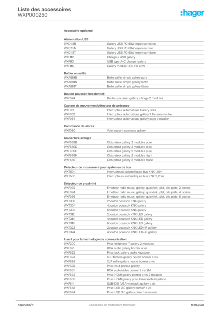 Image Hager Fiche technique du produit WXP000250 | Hager France