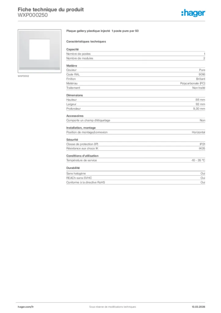 Image Hager Fiche technique du produit WXP000250 | Hager France