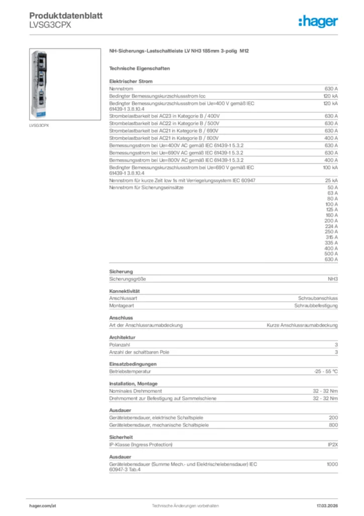 Bild Hager Produktdatenblatt LVSG3CPX | Hager Deutschland