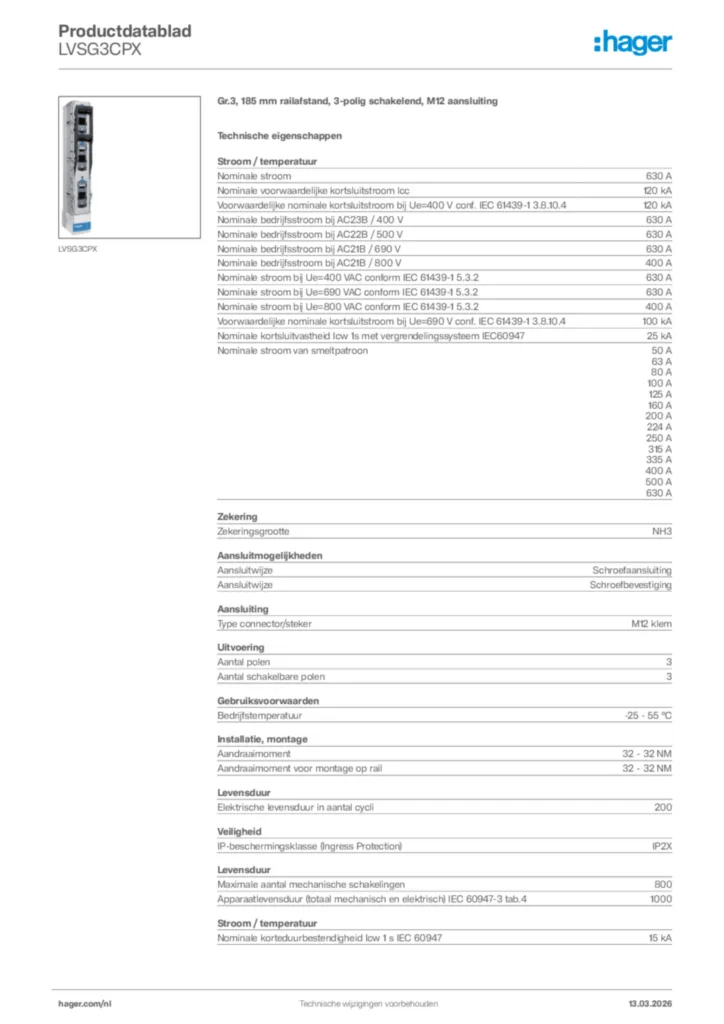 Afbeelding Hager Productdatablad LVSG3CPX | Hager Nederland