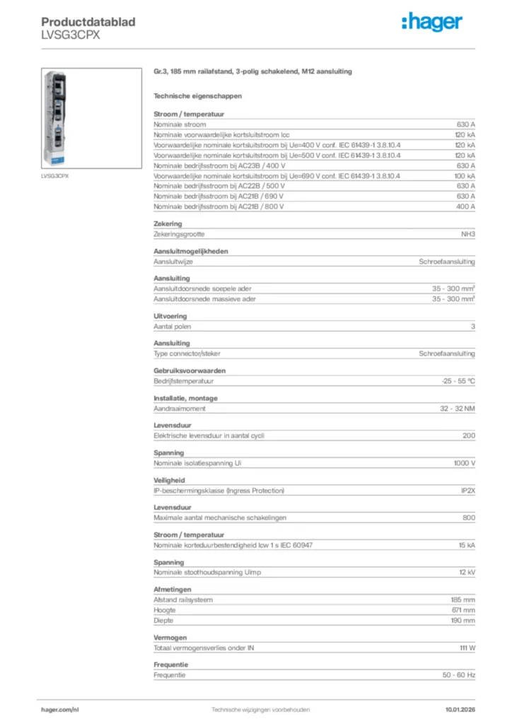 Afbeelding Hager Productdatablad LVSG3CPX | Hager Nederland