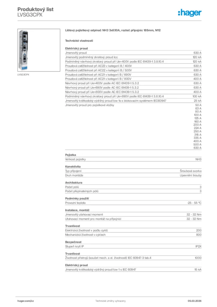 Obrázek Hager Product data sheet LVSG3CPX | Hager