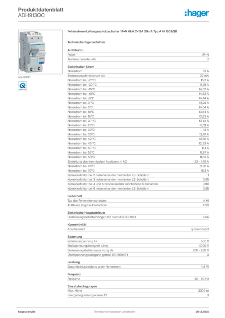 Bild Hager Produktdatenblatt ADH913QC | Hager Deutschland