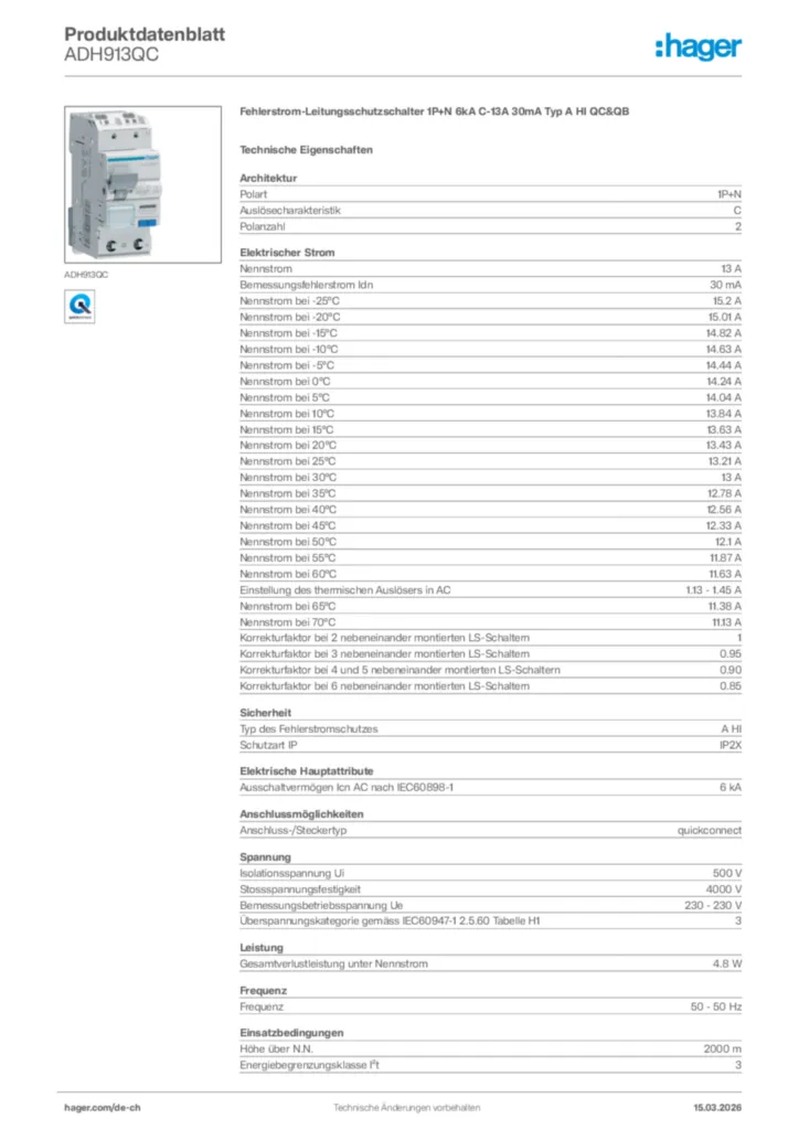Bild Hager Produktdatenblatt ADH913QC | Hager Schweiz