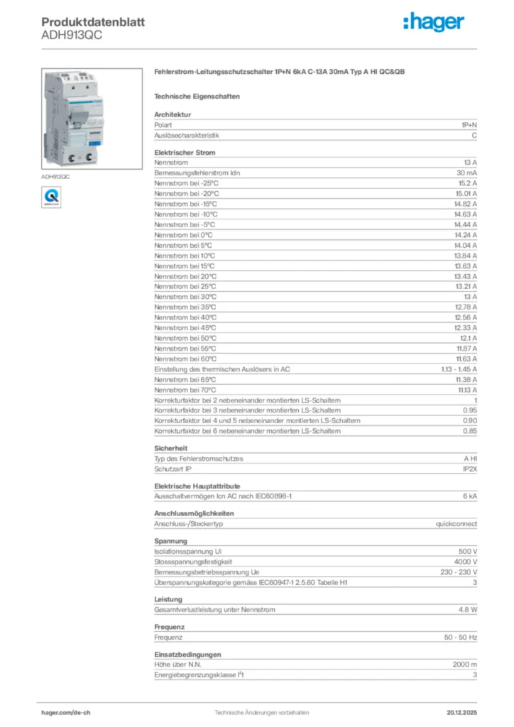 Bild Hager Produktdatenblatt ADH913QC | Hager Schweiz