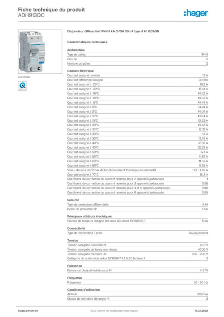 Image Hager Fiche technique du produit ADH913QC | Hager Suisse
