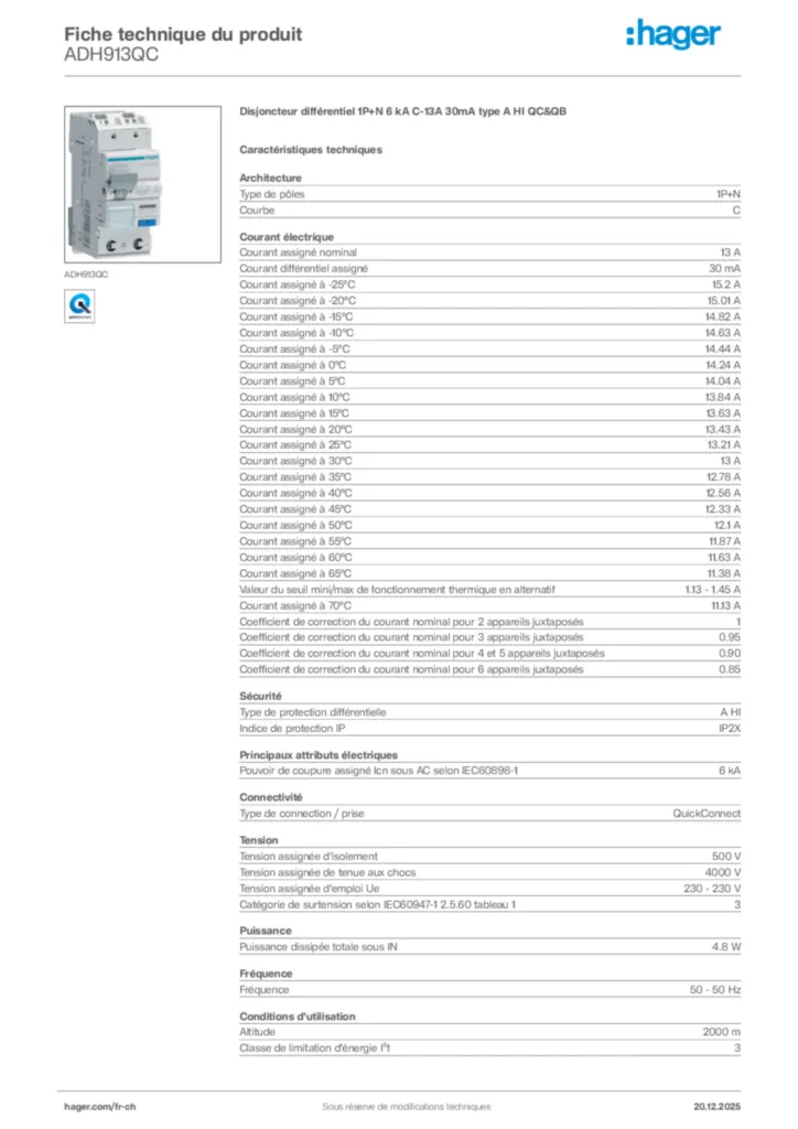 Image Hager Fiche technique du produit ADH913QC | Hager Suisse