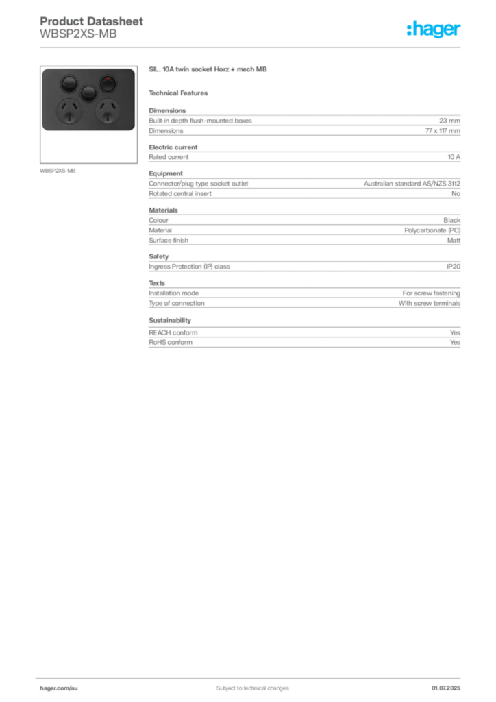 Image Hager Product data sheet WBSP2XS-MB  | Hager Australia