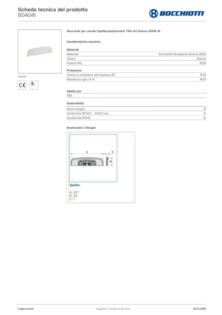 Immagine Bocchiotti Scheda tecnica del prodotto B04041 | Hager Italia
