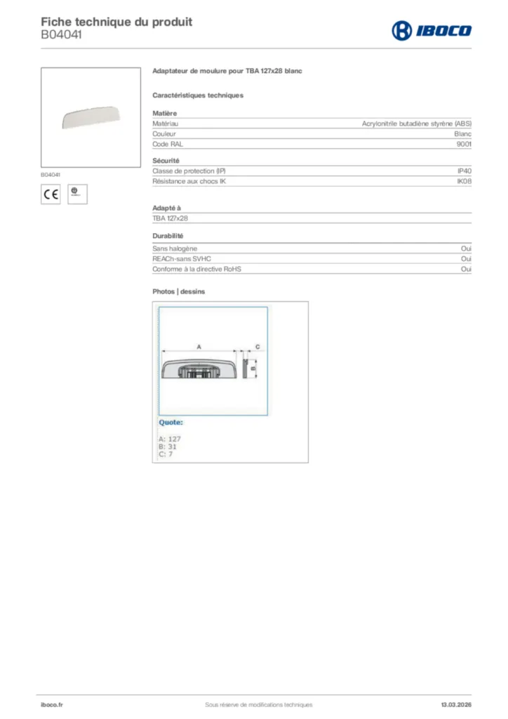 Image Iboco Fiche technique du produit B04041 | Hager France