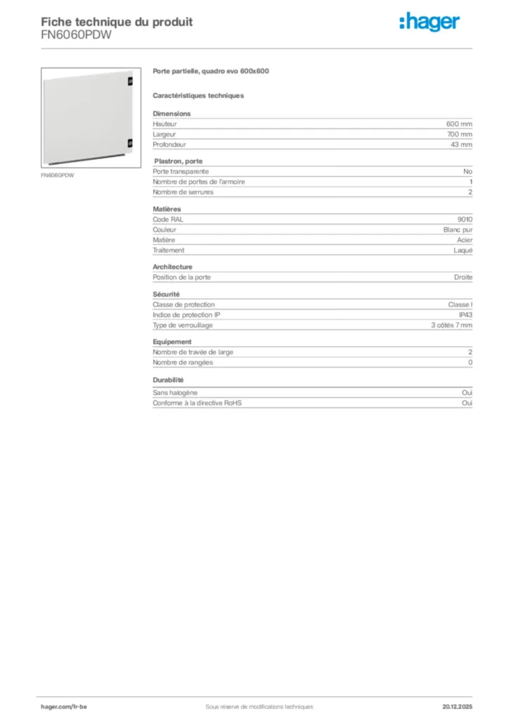 Image Hager Fiche technique du produit FN6060PDW | Hager Belgique