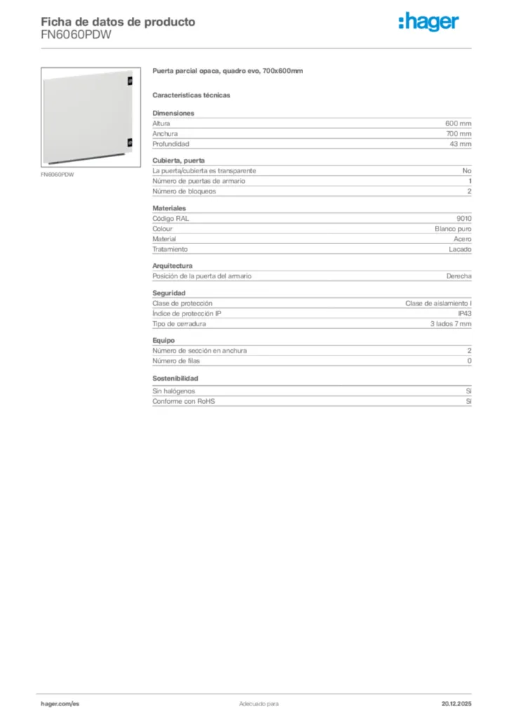 Imagen Hager Ficha de datos de producto FN6060PDW | Hager España