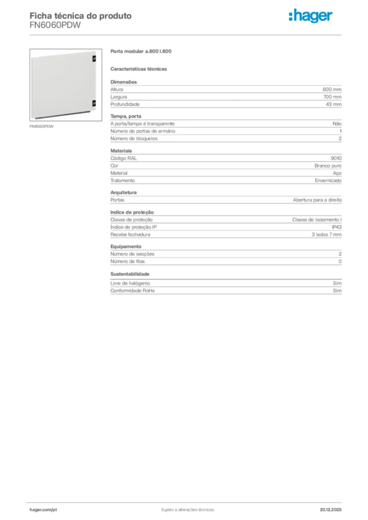 Imagem Hager Ficha técnica do produto FN6060PDW | Hager Portugal