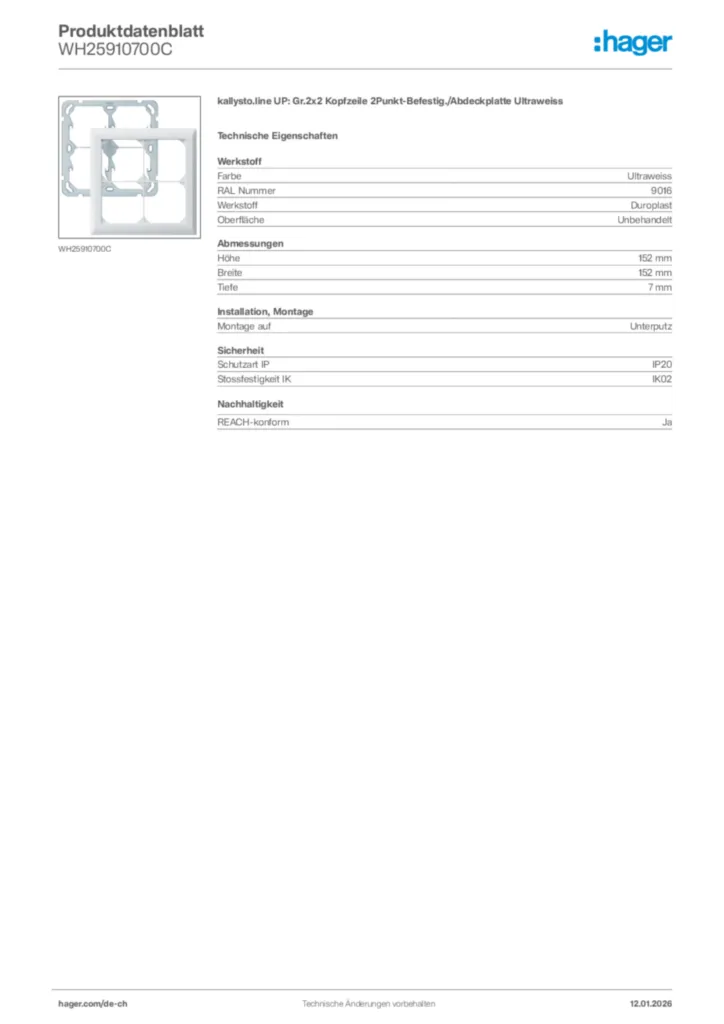 Bild Hager Produktdatenblatt WH25910700C | Hager Schweiz