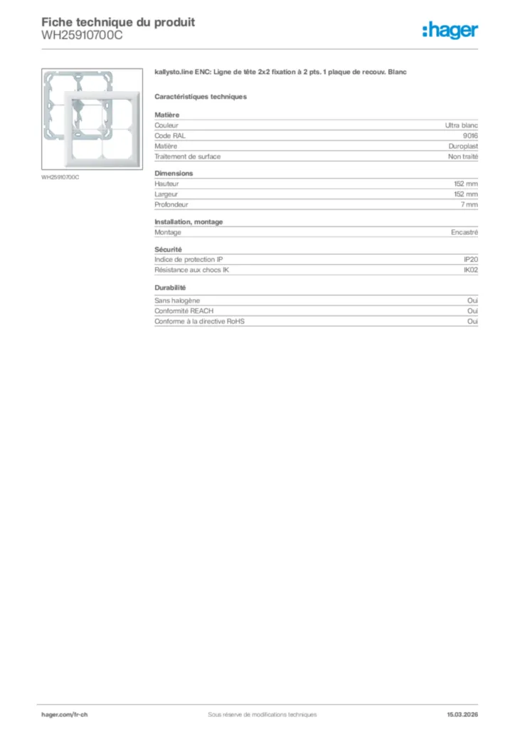 Image Hager Fiche technique du produit WH25910700C | Hager Suisse
